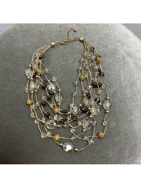 multi-strand beaded statement necklace clear crystals and textured gold beads